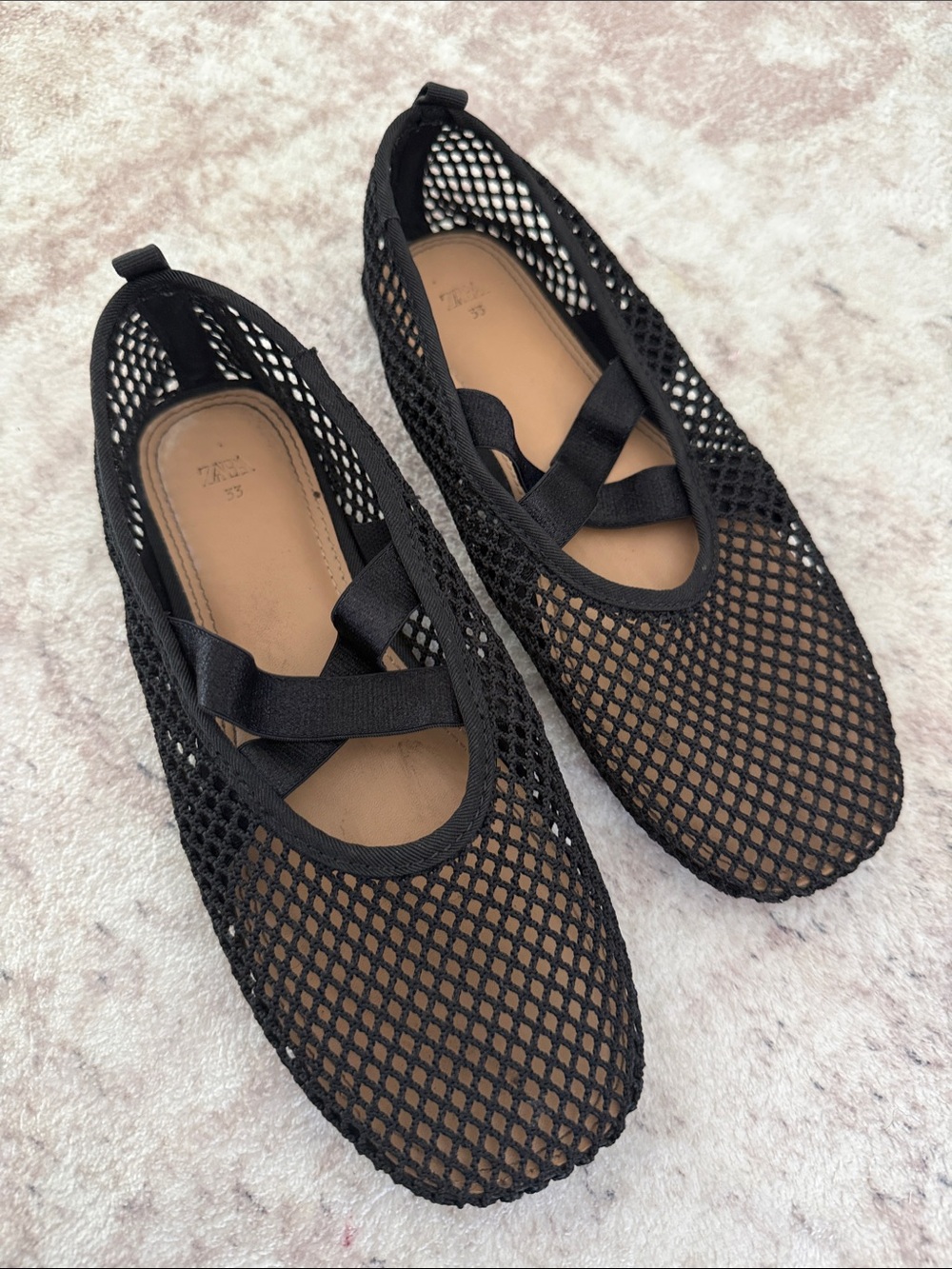 Zara Black Mesh Cross-Strap Girls Ballet Flats